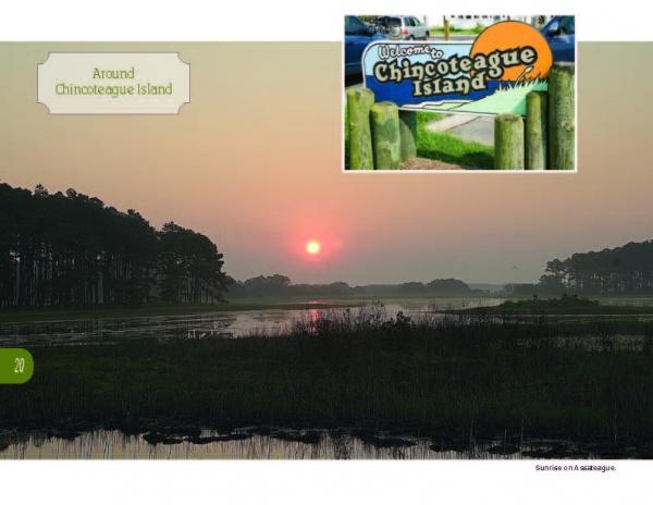 A sunrise over Chincoteague Island’s marshland, silhouetted trees, and still water. Inset: a vintage-style “Welcome to Chincoteague Island” sign. Product: Chincoteague Island by Schiffer Publishing, Ltd.
