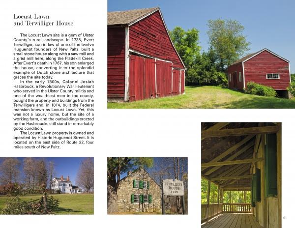 A collage in "Historic Hudson Valley" by Schiffer Publishing, Ltd. features a red barn, stone house with green shutters, “Terwilliger House” sign, and info about Locust Lawn and Terwilliger House.