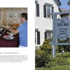 Two people enjoy outdoor dining amid lush greenery and ocean views—an image perfect for "101 Things to Do in Rhode Island" by Schiffer Publishing, Ltd. Nearby, an inviting indoor buffet and The Dock Inn’s classic façade showcase local coastal charm.