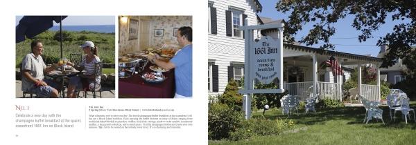 Two people enjoy outdoor dining amid lush greenery and ocean views—an image perfect for "101 Things to Do in Rhode Island" by Schiffer Publishing, Ltd. Nearby, an inviting indoor buffet and The Dock Inn’s classic façade showcase local coastal charm.