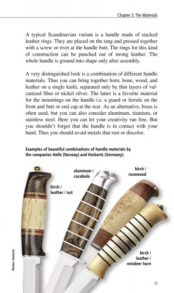 Four hidden tang knives from *Making Hidden Tang Knives* by Schiffer Publishing, Ltd. are displayed vertically, featuring handles made from birch, horn, bone, leather, antler, and reindeer horn to showcase diverse knifemaking options.
