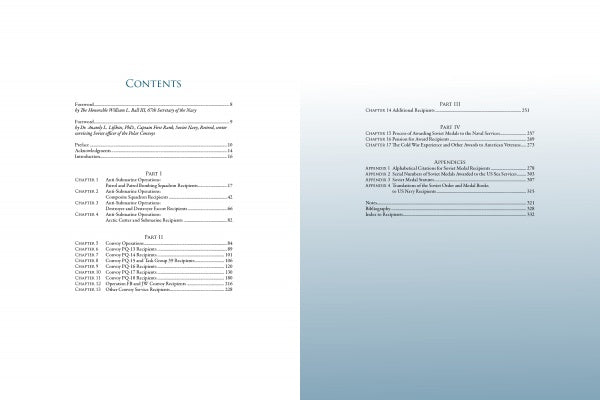 The table of contents for Blue Seas, Red Stars by Schiffer Publishing, Ltd. lists chapter titles and page numbers on a white and blue gradient background, covering US Navy WWII convoy heroism in Parts I–III and appendices.