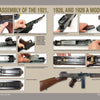 American Submachine Guns, 1919–1950 by Schiffer Publishing, Ltd. offers a step-by-step photo guide to disassembling classic Thompson submachine gun models 1921, 1928, and 1928A with detailed close-up images on a neutral background.