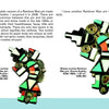 Two pages from "Knifewing & Rainbow Man in Zuni Jewelry" by Schiffer Publishing, Ltd. show colorful mosaic overlay Rainbow Man pins with price and descriptions, crafted from inlaid stones and silver with geometric and stylized designs.