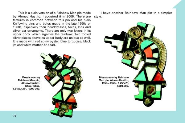Two pages from "Knifewing & Rainbow Man in Zuni Jewelry" by Schiffer Publishing, Ltd. show colorful mosaic overlay Rainbow Man pins with price and descriptions, crafted from inlaid stones and silver with geometric and stylized designs.