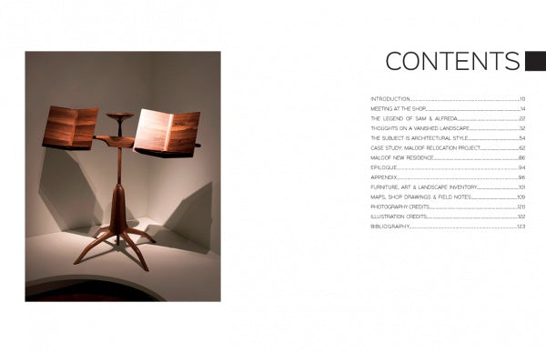 The "Moving Sam Maloof" music stand by Schiffer Publishing, Ltd. displays two open music books on the left, with a table of contents featuring chapter titles and page numbers shown on the right against a white background.