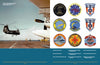 A Navy helicopter lands on a carrier deck as crew stand nearby. To the right, ten vibrant United States Navy Helicopter Patches by Schiffer Publishing, Ltd. represent diverse naval aviation units and squadrons.