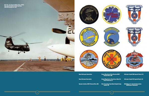 A Navy helicopter lands on a carrier deck as crew stand nearby. To the right, ten vibrant United States Navy Helicopter Patches by Schiffer Publishing, Ltd. represent diverse naval aviation units and squadrons.