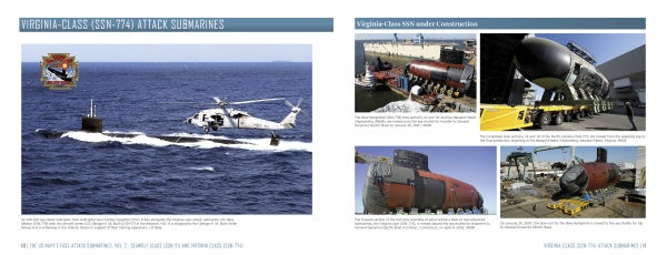 A helicopter hovers over a surfaced submarine, while smaller images show Virginia-class submarines under construction—featured in "The US Navy's Fast-Attack Submarines, Vol. 2" by Schiffer Publishing, Ltd.