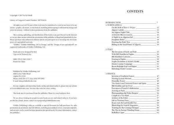 Table of contents page from "An Artist at War" by Schiffer Publishing, Ltd., listing chapters on North Africa, Italy, and France with topics and page numbers. The left includes publishing info and a note on Ed Vebell’s WWII art contributions.
