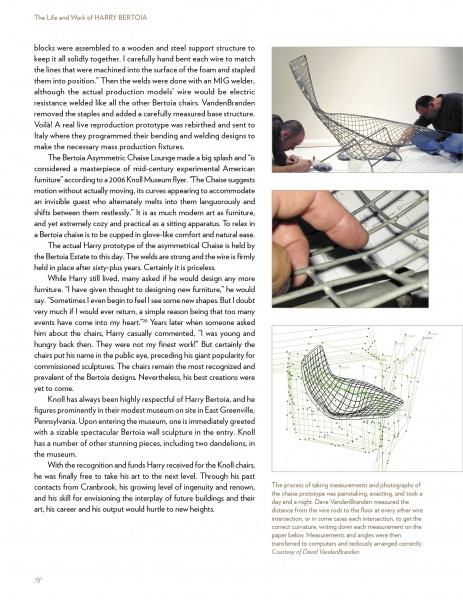 A page from Schiffer Publishing, Ltd.’s "The Life and Work of Harry Bertoia" features text about Bertoia’s art, plus photos of people assembling wire chairs, hands shaping a wire frame, and a technical sketch of a chair design.