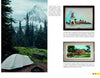 On the left is a forest campsite with a tent by a mountain; on the right, Schiffer Publishing, Ltd.'s "KOA and the Art of Kamping" shows framed camping art: a KOA campground sign and an office scene with people and trees.