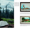 On the left is a forest campsite with a tent by a mountain; on the right, Schiffer Publishing, Ltd.'s "KOA and the Art of Kamping" shows framed camping art: a KOA campground sign and an office scene with people and trees.