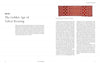 A book spread from "Velvet on My Mind, Velvet on My Loom" by Schiffer Publishing, Ltd. shows text under the heading "The Golden Age of Velvet Weaving" with an ornate red textile and caption on the top right of the right page.