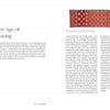 A book spread from "Velvet on My Mind, Velvet on My Loom" by Schiffer Publishing, Ltd. shows text under the heading "The Golden Age of Velvet Weaving" with an ornate red textile and caption on the top right of the right page.