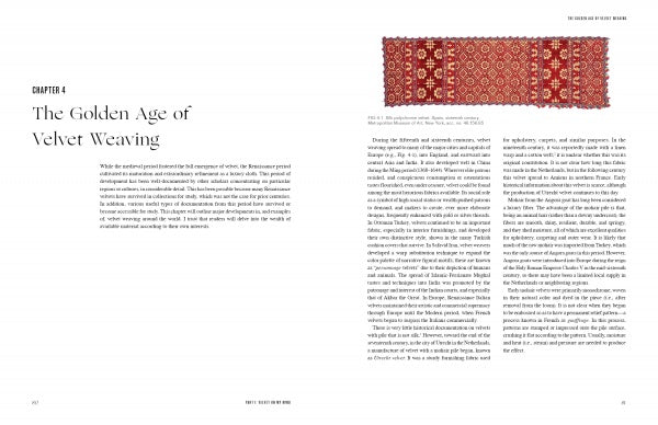 A book spread from "Velvet on My Mind, Velvet on My Loom" by Schiffer Publishing, Ltd. shows text under the heading "The Golden Age of Velvet Weaving" with an ornate red textile and caption on the top right of the right page.