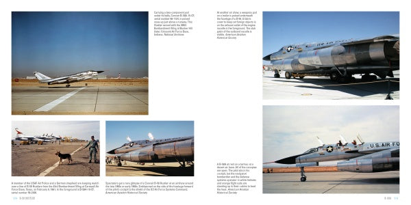 A two-page spread from Schiffer Publishing, Ltd.'s B-58 Hustler shows color photos of U.S. military jets, including the supersonic B-58 bomber. Captions and text offer details on these Mach 2 aircraft and their operations.