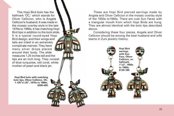 Schiffer Publishing, Ltd. showcases "Hopi Bird and Sun Face in Zuni Jewelry," featuring a silver Hopi Bird bolo tie with matching tips and three pairs of colorful mosaic earrings, inspired by traditional Sun Face motifs and accompanied by descriptive history.
