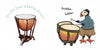 In Schiffer Publishing, Ltd.’s “What Do You Hear?”, a real kettle drum appears on the left with the question, while on the right an illustrated puffin musician in gloves plays two kettle drums and says “brubba-lubba!”.