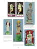 A page from Staffordshire Figures 1780 to 1840 Volume 3 (Schiffer Publishing, Ltd.) shows six enamel-painted figures—mainly women in period attire, some with dogs or hats, one on a red chair—each with a brief caption.