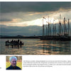 A group rows on calm Maine waters at sunset, tall ships anchored nearby and hills behind them. Below is a headshot of an older man and a brief bio about photographer Dev Deveauax. From "Maine Coast Perspectives" by Schiffer Publishing, Ltd.