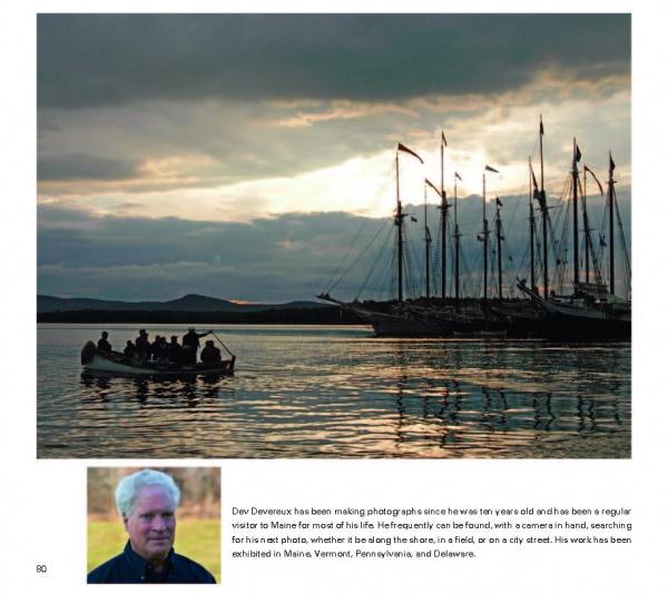 A group rows on calm Maine waters at sunset, tall ships anchored nearby and hills behind them. Below is a headshot of an older man and a brief bio about photographer Dev Deveauax. From "Maine Coast Perspectives" by Schiffer Publishing, Ltd.