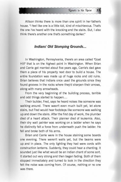 A page from "Pittsburgh Ghosts" by Schiffer Publishing, Ltd. shares "Indians Old Stomping Grounds," a chilling story of eerie experiences and strange noises in a haunted house in Washington, PA—with a decorative chapter header.