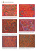 A page from "The Mola" by Schiffer Publishing, Ltd. showcases six vibrant Kuna-crafted Mola designs—abstract animals and geometric patterns in bold reds, oranges, and pinks—Panama indigenous art, each with a detailed caption.