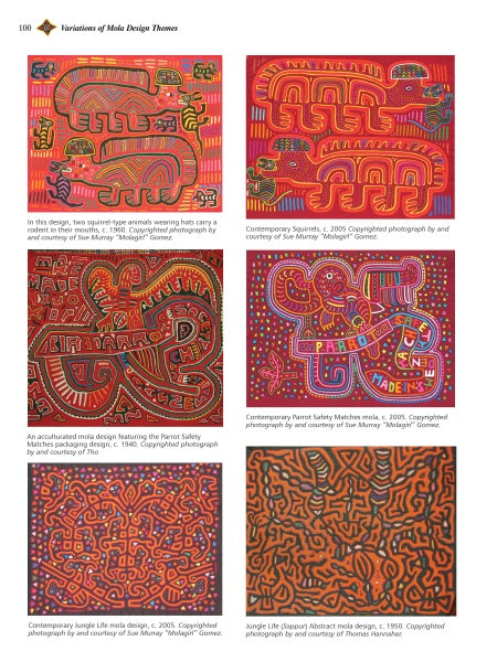 A page from "The Mola" by Schiffer Publishing, Ltd. showcases six vibrant Kuna-crafted Mola designs—abstract animals and geometric patterns in bold reds, oranges, and pinks—Panama indigenous art, each with a detailed caption.