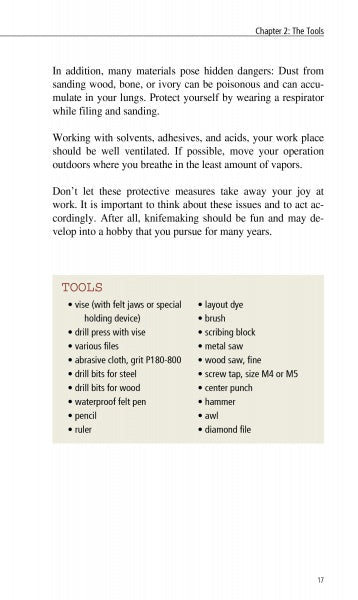 A page titled "Chapter 2: The Tools" in Making Hidden Tang Knives by Schiffer Publishing, Ltd. covers safety tips and features a box listing tools like vise, saws, hammer, and drill—ideal for anyone starting a hidden tang knife project.
