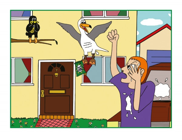 In Ronnie Raven Recycles by Schiffer Publishing, Ltd., a seagull drops a green bag on someone in front of a house as another bird watches, leaving white splatter on their shirt and a car—perfect for early readers ages 5-8.