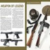A magazine spread from Schiffer Publishing, Ltd.'s "American Submachine Guns, 1919–1950" features a portrait of John T. Thompson, historical text, and photos of vintage guns like the Thompson submachine gun on a white background.