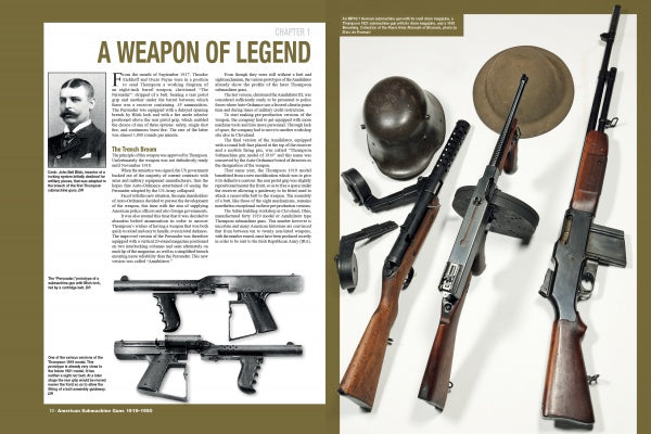 A magazine spread from Schiffer Publishing, Ltd.'s "American Submachine Guns, 1919–1950" features a portrait of John T. Thompson, historical text, and photos of vintage guns like the Thompson submachine gun on a white background.