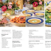 A magazine spread showcases elegant dishes among gold and floral decor—ideal for seasonal gatherings. Featured in "Four Seasons of Entertaining" from Schiffer Publishing, Ltd., with recipes and entertaining tips included below.