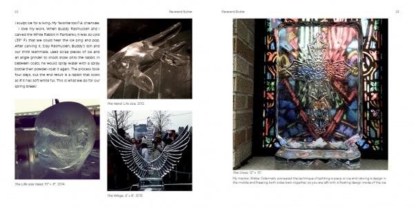 Two pages display "Contemporary Ice Sculpture" by Schiffer Publishing, Ltd., featuring photos of glass bird sculptures with spread wings and descriptions, including one with a colorful bird before a stained glass panel, evoking an ice festival.