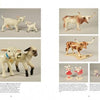 Two pages from "More Hagen-Renaker Pottery" by Schiffer Publishing, Ltd. show photos of collectible figurines—lambs, cows, and calves—with descriptive text and captions about each piece.