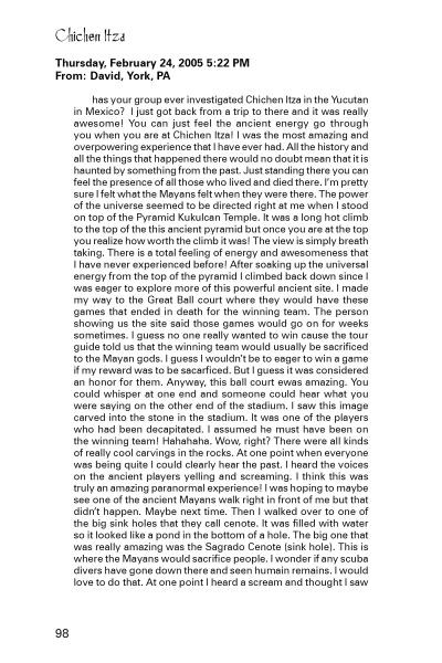 A scanned book page from "You've Got Ghosts!" by Schiffer Publishing, Ltd. features a February 24, 2005 entry from David in York, PA, describing Chichen Itza's haunted mysteries and the site's eerie, ancient atmosphere.