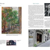 Two pages from "Manhattan's Hotel des Artistes" by Schiffer Publishing, Ltd. show text blocks, a color painting of tree-lined West 67th Street, a historic street sign, a vintage portrait, and the famed apartment building entrance.