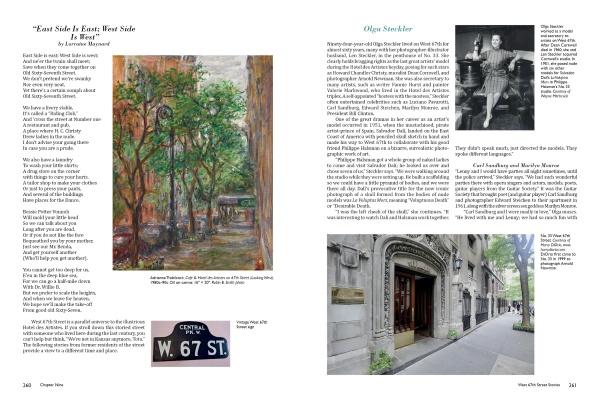 Two pages from "Manhattan's Hotel des Artistes" by Schiffer Publishing, Ltd. show text blocks, a color painting of tree-lined West 67th Street, a historic street sign, a vintage portrait, and the famed apartment building entrance.
