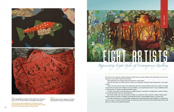 A two-page magazine spread from Schiffer Publishing, Ltd.’s "Japanese Contemporary Quilts and Quilters" features close-ups of a fish quilt, red fabric with black writing, vibrant forest quilt art, and highlights eight contemporary Japanese quilters.