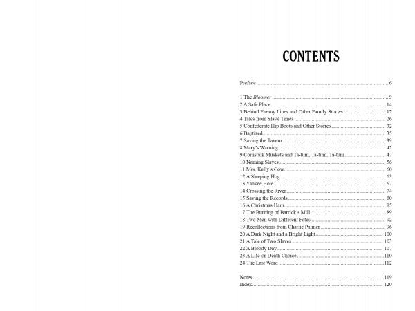 The table of contents in "Soldiers At The Doorstep" (Schiffer Publishing, Ltd.) lists chapters from “The Blessing” (p.1) to “The Last Word” (p.117), plus notes on Virginia civilians during the Civil War.