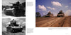 Two black and white photos of WWII Stuart tanks on dirt roads appear at left; at right, two Stuart light tanks ascend a dusty hill with trees, beneath blue skies. From "Stuart Tank, Vol. 1" by Schiffer Publishing, Ltd.