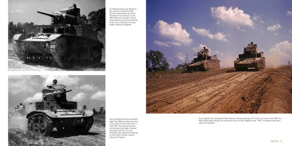 Two black and white photos of WWII Stuart tanks on dirt roads appear at left; at right, two Stuart light tanks ascend a dusty hill with trees, beneath blue skies. From "Stuart Tank, Vol. 1" by Schiffer Publishing, Ltd.