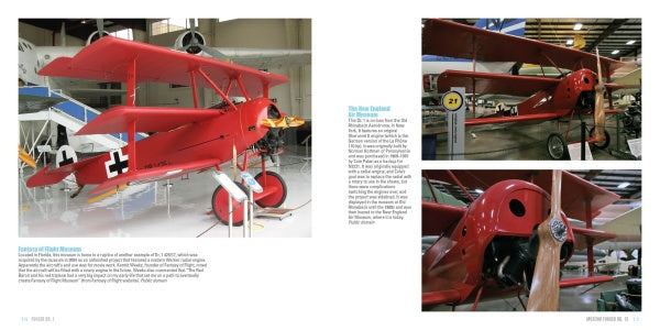 A vibrant Fokker Dr. 1 from Schiffer Publishing, Ltd. is showcased with a side view as the main image, while two smaller images on the right display close-ups of the nose, machine guns, and cockpit details.