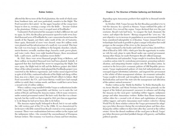 Two pages from Rubber Soldiers by Schiffer Publishing, Ltd., discussing the Ford plantation, Amazonian rubber production, and chapter 2 on rubber gathering, with insights into Brazilian tappers during WWII.