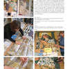 Four photos from "Tiffany Studios' Techniques" by Schiffer Publishing, Ltd. show an artist crafting an Art Nouveau mosaic: a finished piece of a seated woman and close-ups of hands arranging stained glass-like tiles on a work surface.