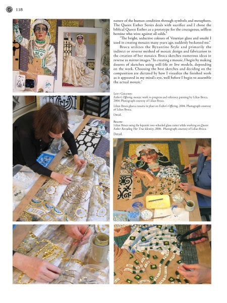 Four photos from "Tiffany Studios' Techniques" by Schiffer Publishing, Ltd. show an artist crafting an Art Nouveau mosaic: a finished piece of a seated woman and close-ups of hands arranging stained glass-like tiles on a work surface.
