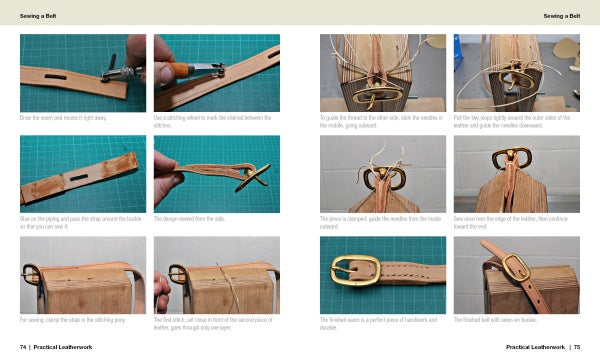 Practical Leatherwork by Schiffer Publishing, Ltd. features step-by-step photo guides for beginners, showing how to sew a leather belt, attach a buckle, and finish stitching with close-ups of each stage on a wooden table.