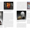 A magazine spread showcases "Glass Art" by Schiffer Publishing, Ltd., with text columns and images of contemporary glass sculptures, a white bust, a metal tool, and public installations, each described by a short caption.