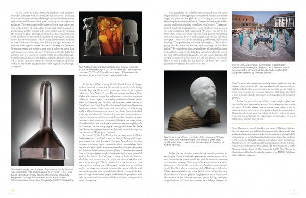 A magazine spread showcases "Glass Art" by Schiffer Publishing, Ltd., with text columns and images of contemporary glass sculptures, a white bust, a metal tool, and public installations, each described by a short caption.